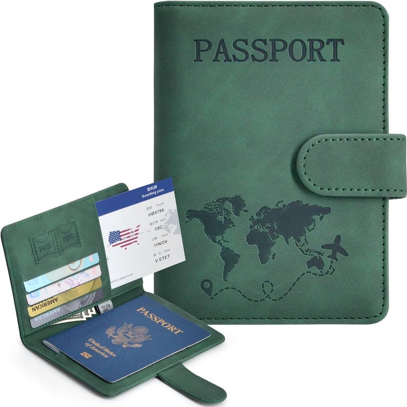 KAOBAN Passport Holder, Passport Cover with Credit Card Slot and Boarding Pass Slot Combo, Passport Wallet Case Book Travel Must Have, RFID Blocking Leather Travel Accessories, Green - Image 2